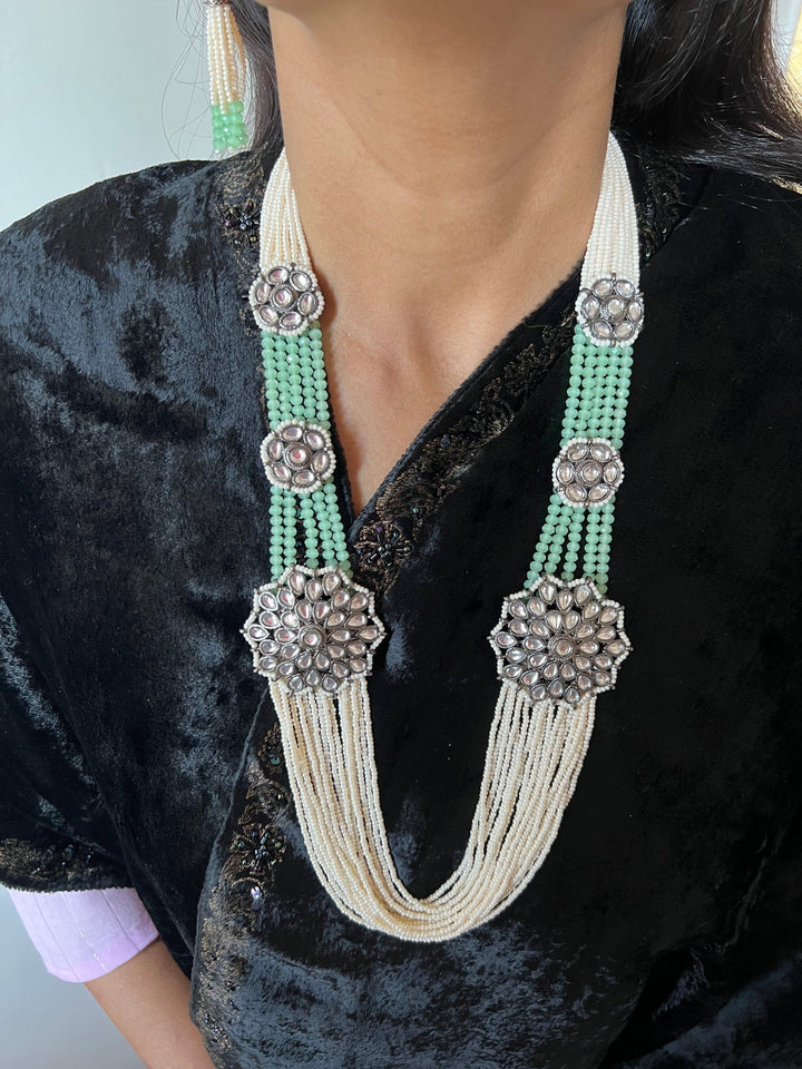 Multilayered Antique Kundan Necklace with Earrings - SHIVKA
