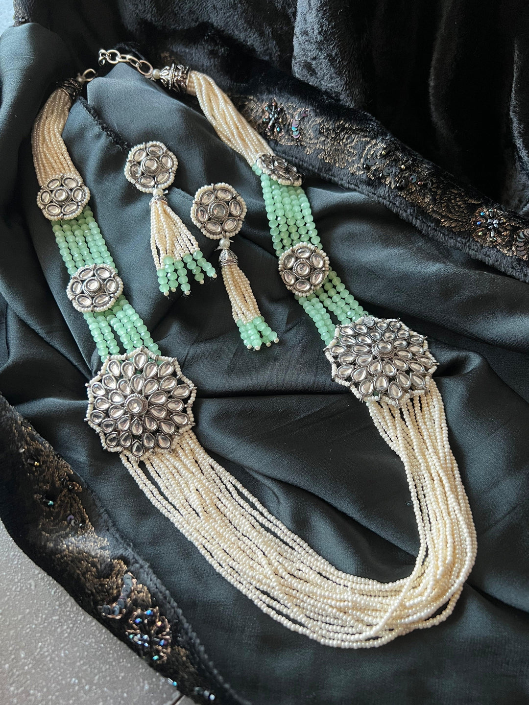 Multilayered Antique Kundan Necklace with Earrings - SHIVKA