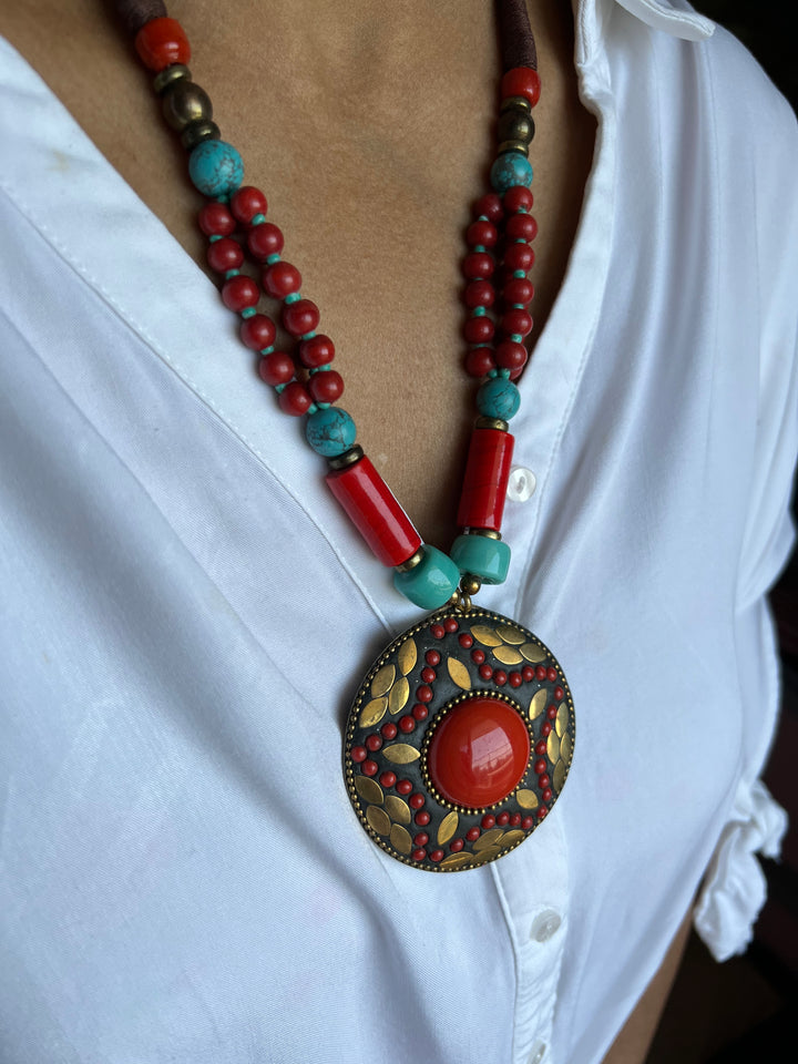 Coral And Turquoise Pendant Necklace