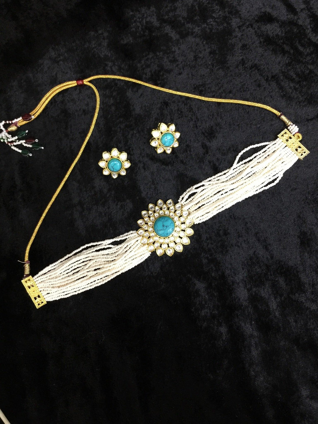 Turquoise Kundan and Pearl Choker with Earrings - SHIVKA