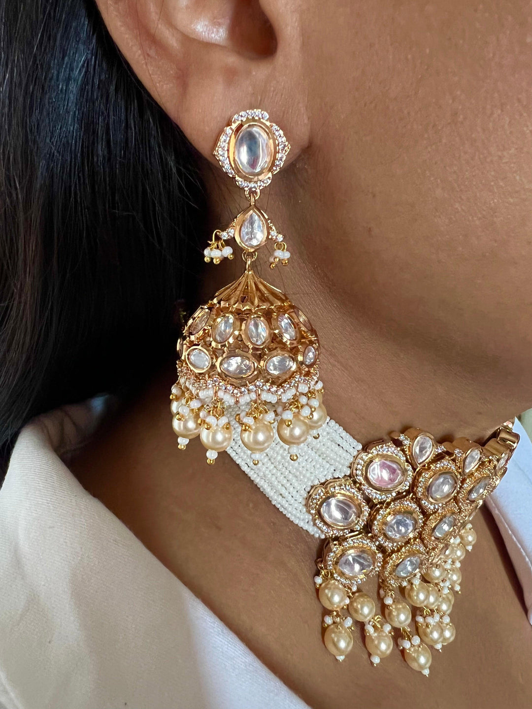 Scintillating Pearls and Kundan Choker with Jhumka Earrings - SHIVKA