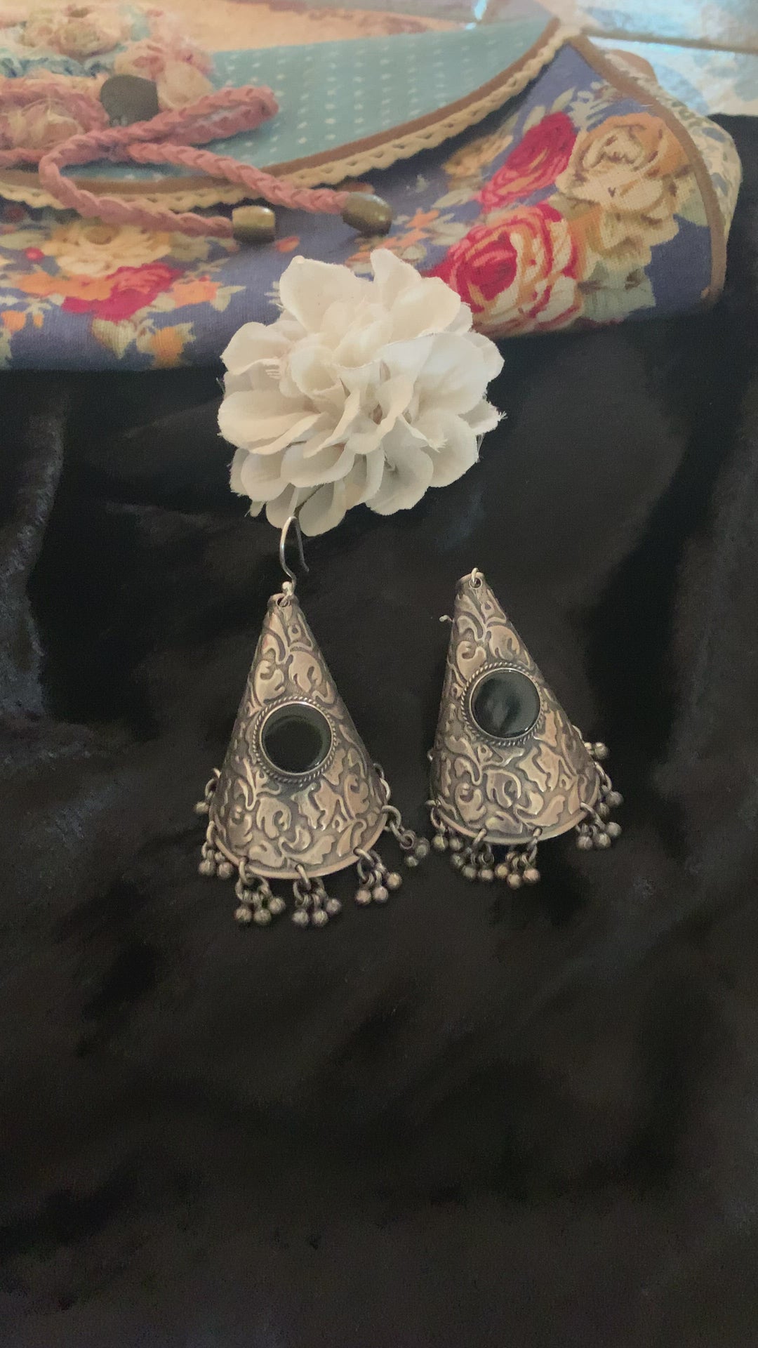 Vintage Pure 925 Silver Black Onyx Cone Earrings