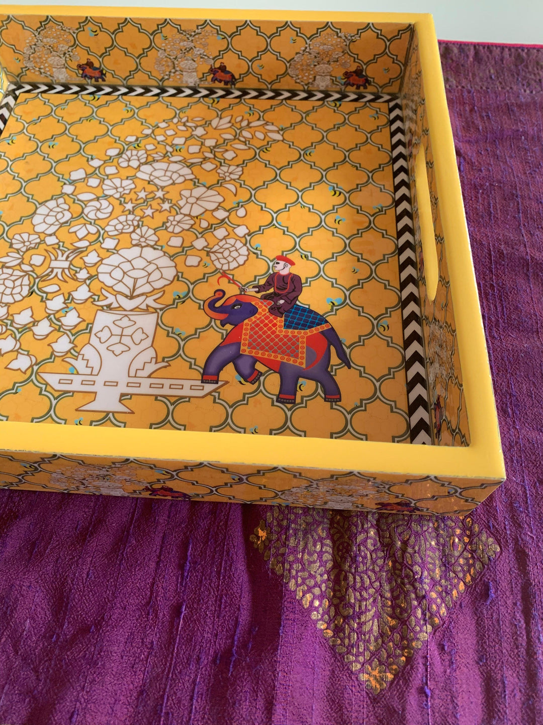 Yellow Elephant Design Enamelled Tray - SHIVKA