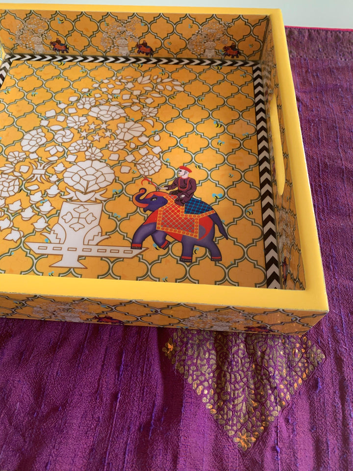 Yellow Elephant Design Enamelled Tray - SHIVKA