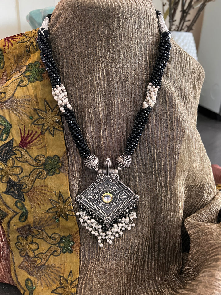 Beautiful Black and White Pendant Necklace with Statement Earrings