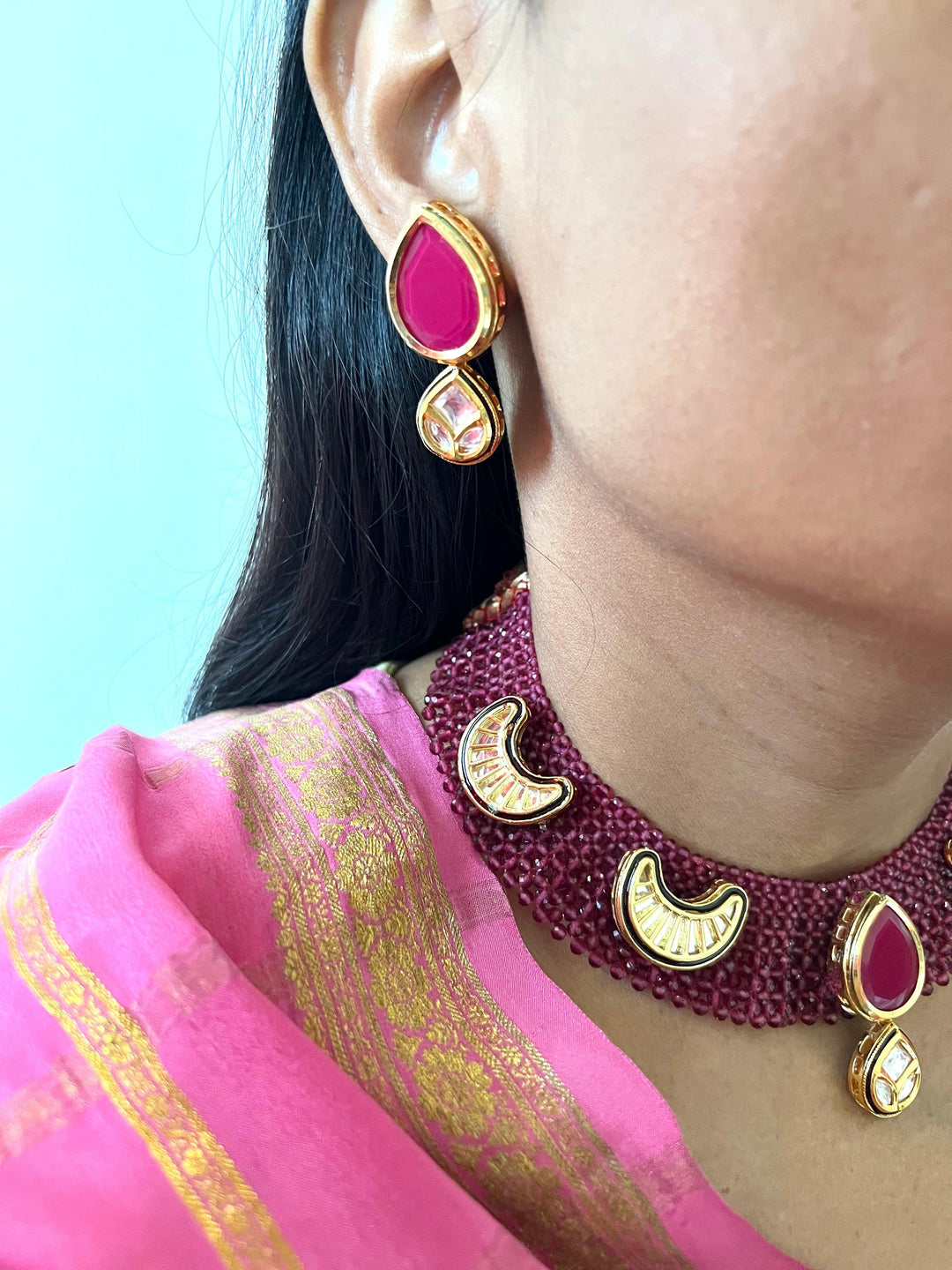 Statement Kundan Mesh Choker Necklace with Earrings - SHIVKA