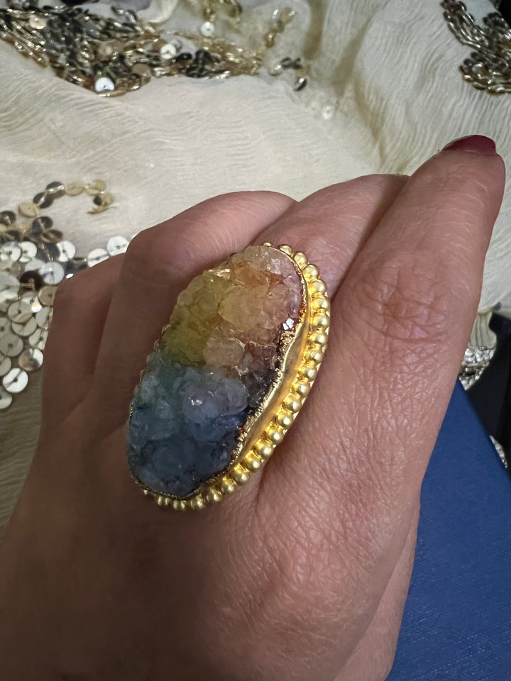 Natural Rainbow Druzy Stone Adjustable Gold-Plated Ring | Statement Ring by SHIVKA