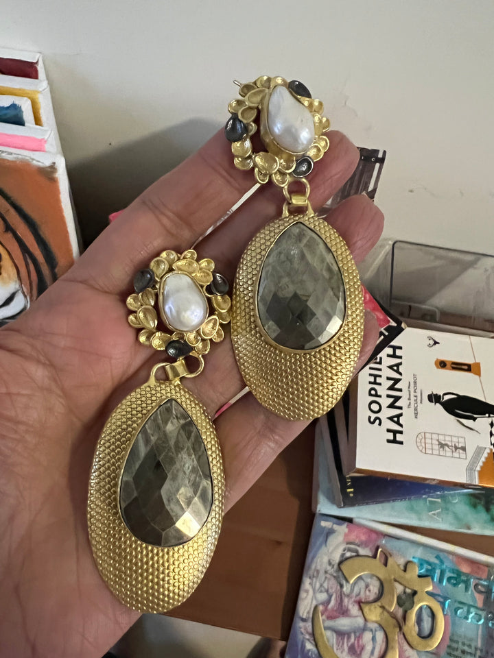 Baroque Pearl and Pyrite Designer Earrings
