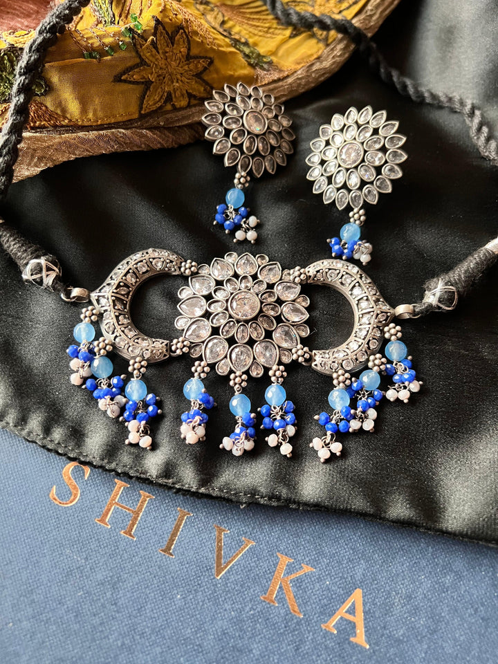 Vintage Zirconia Choker with Flower Stud Earrings - SHIVKA