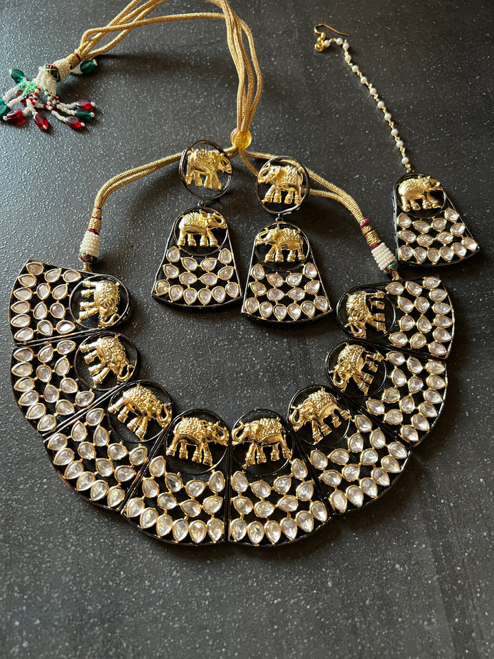 Statement Dual Tone Elephant Necklace with Earrings and Mangtikka
