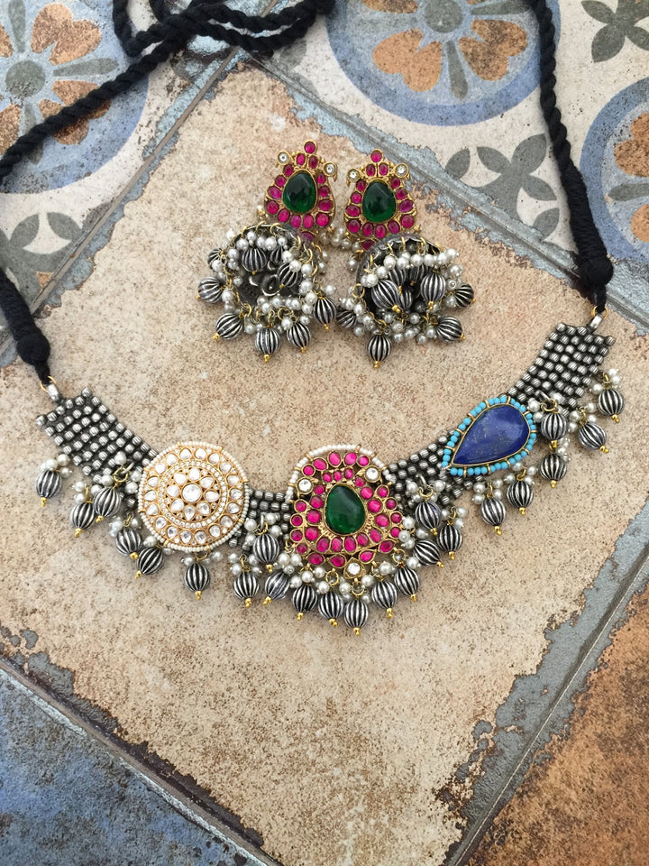Designer Dual Tone Necklace with Kundan Earrings