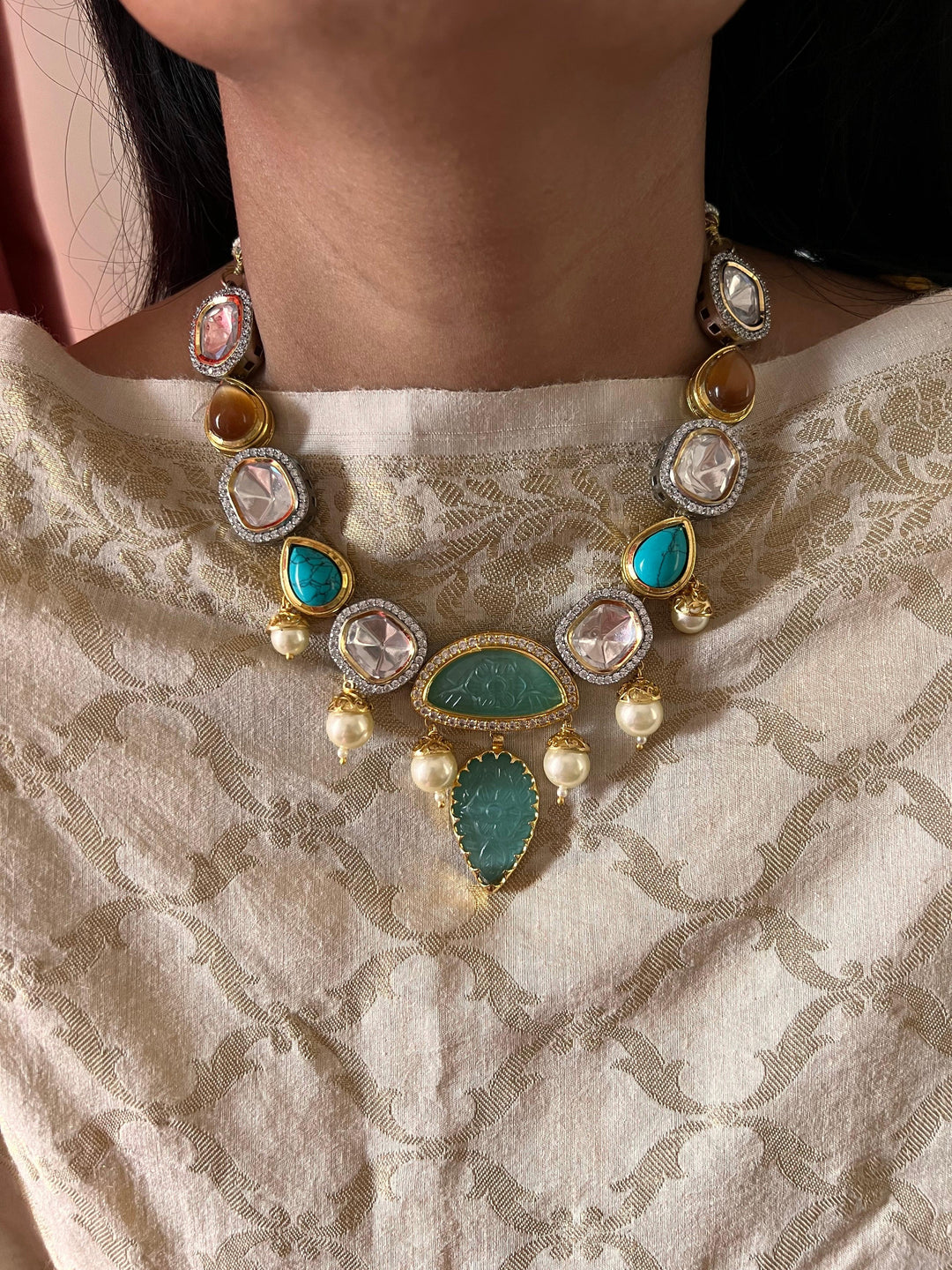 Scintillating Multicolored  Kundan Necklace with Statement Earrings - SHIVKA