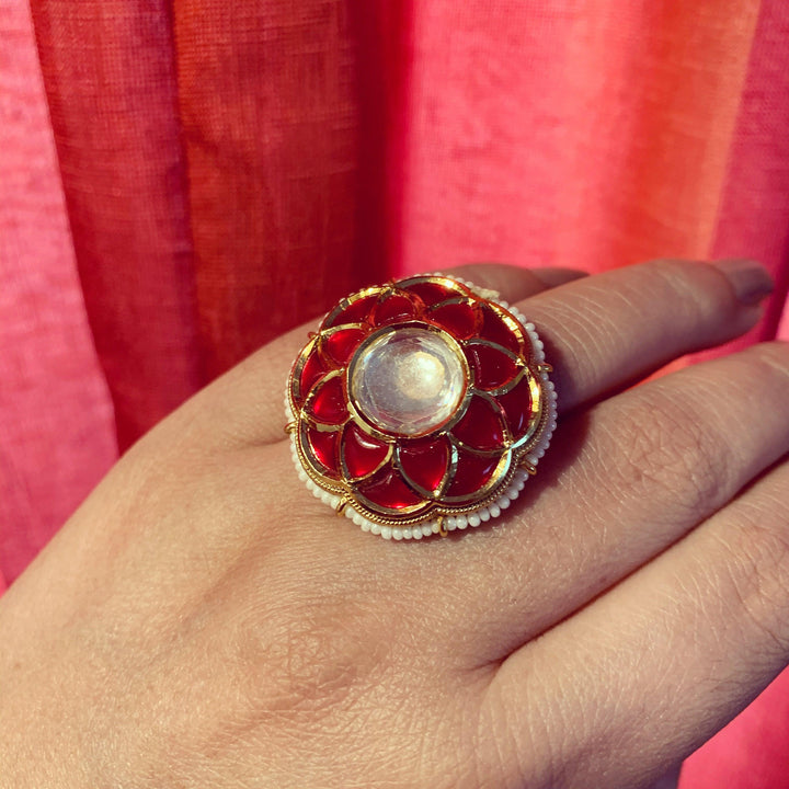 Red Kundan Revolving Ring - SHIVKA