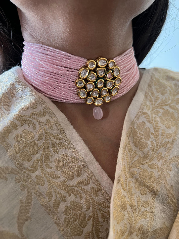Pink Kundan Choker with Earrings - SHIVKA