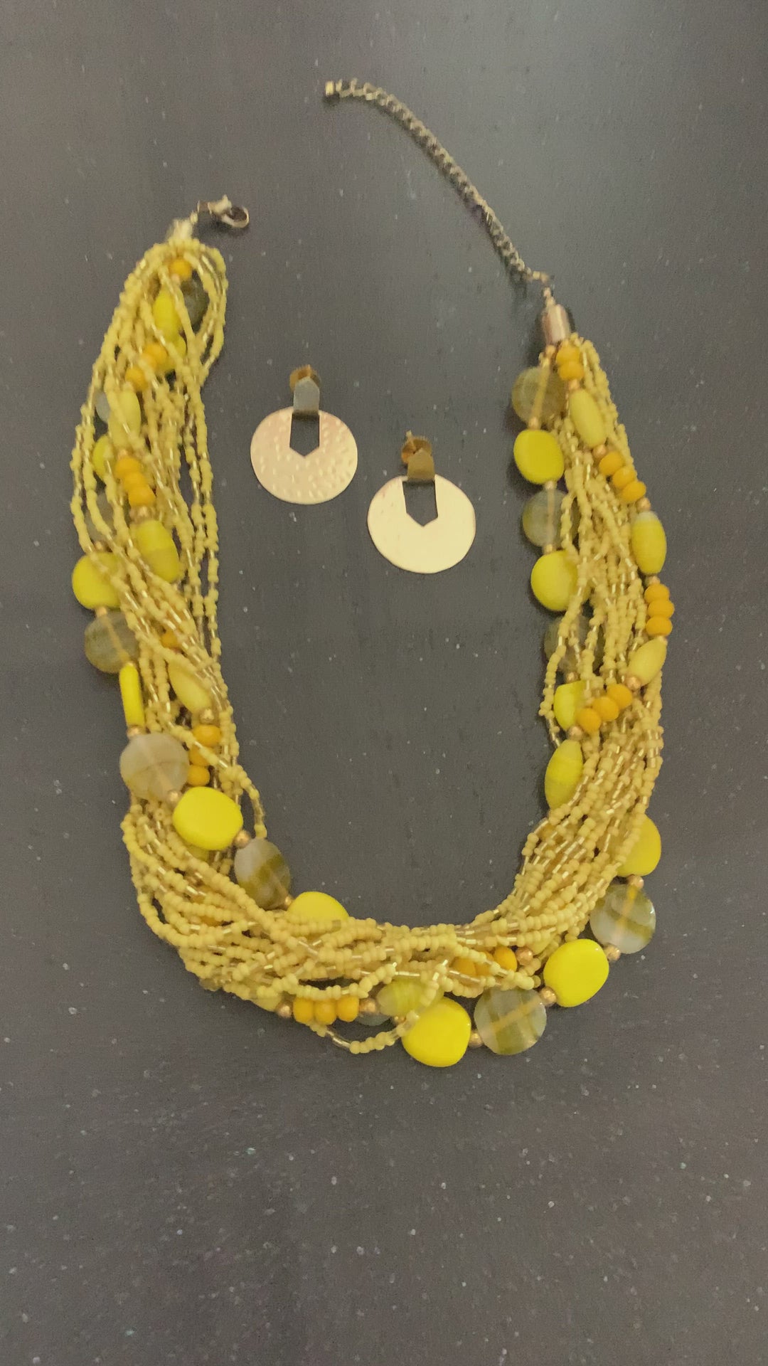 Beautiful Yellow Beaded Necklace with Hammered Disc Studs