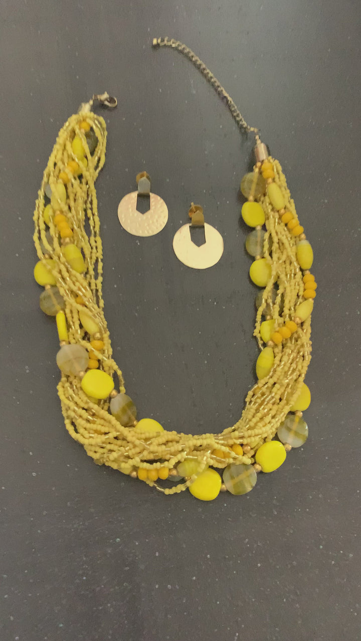 Beautiful Yellow Beaded Necklace with Hammered Disc Studs