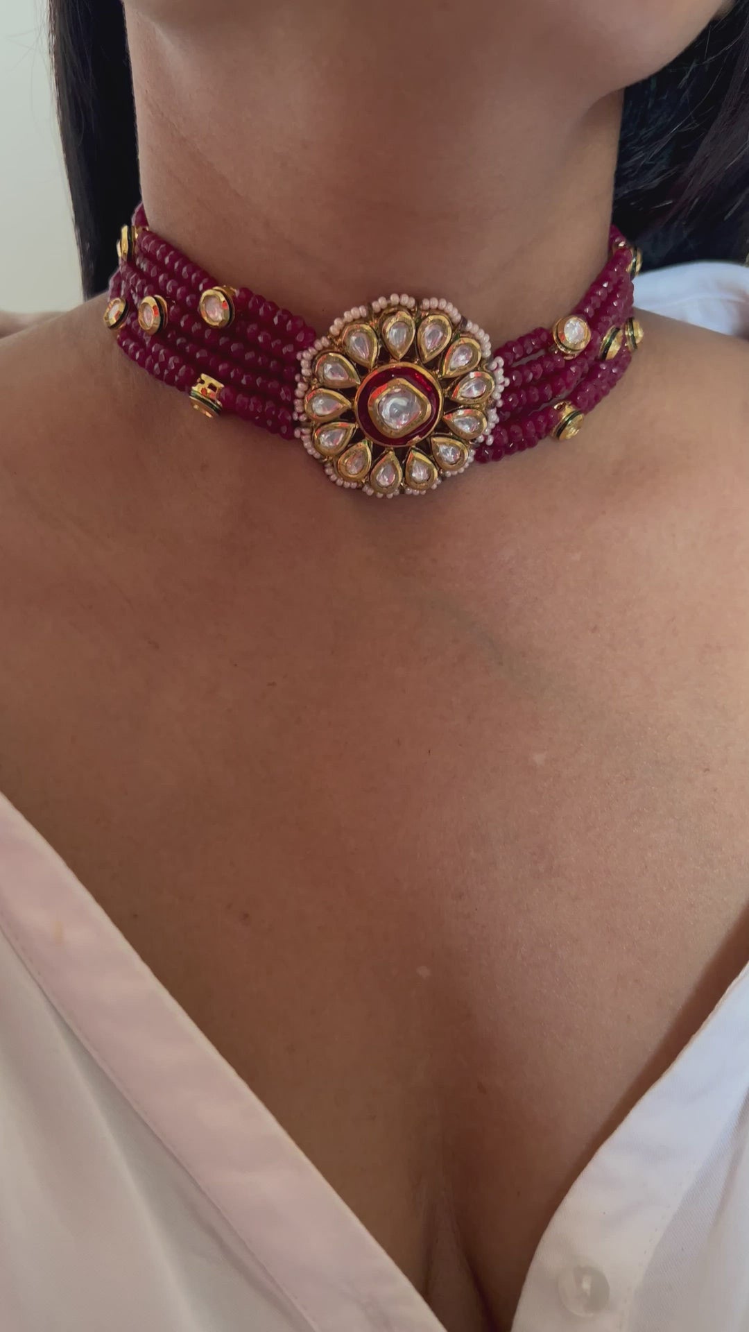 Ruby Kundan Flower Choker Necklace with Studs