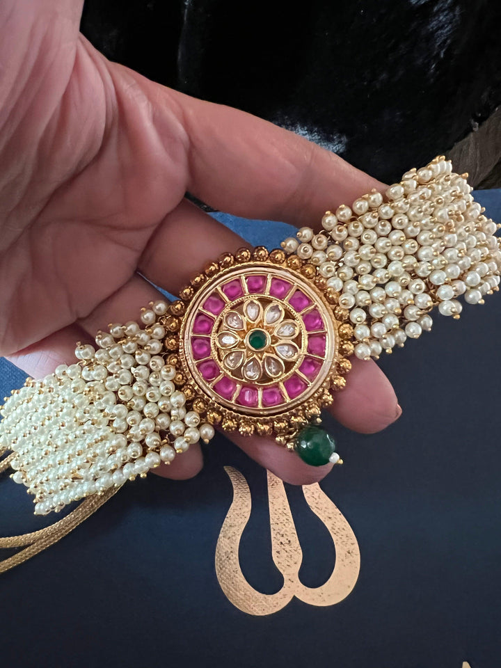 Statement Kundan and Pearl Choker with Earrings - SHIVKA