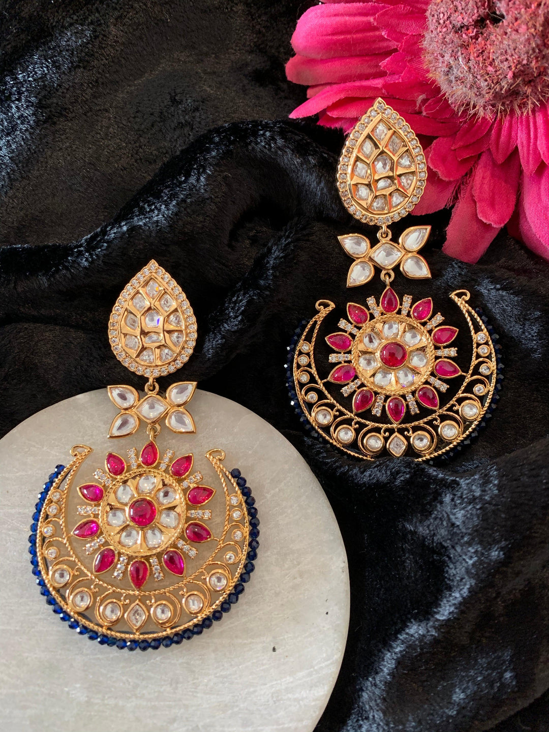 Pink Blue Kundan Chandbaalis - SHIVKA
