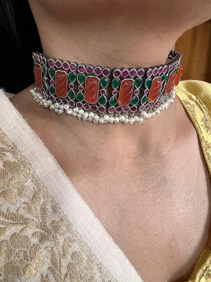 Scintillating Vintage Stones Choker with Statement Chandbaalis - SHIVKA