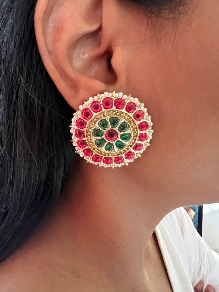 Oversize Red and Green Enamelled Studs - SHIVKA