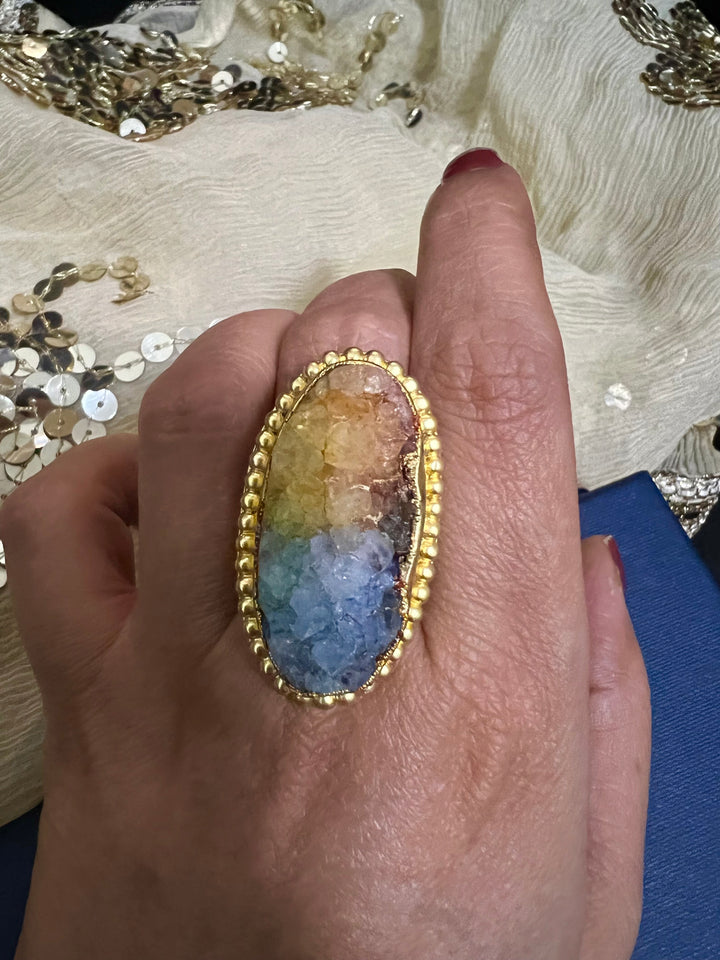 Natural Rainbow Druzy Stone Adjustable Gold-Plated Ring | Statement Ring by SHIVKA