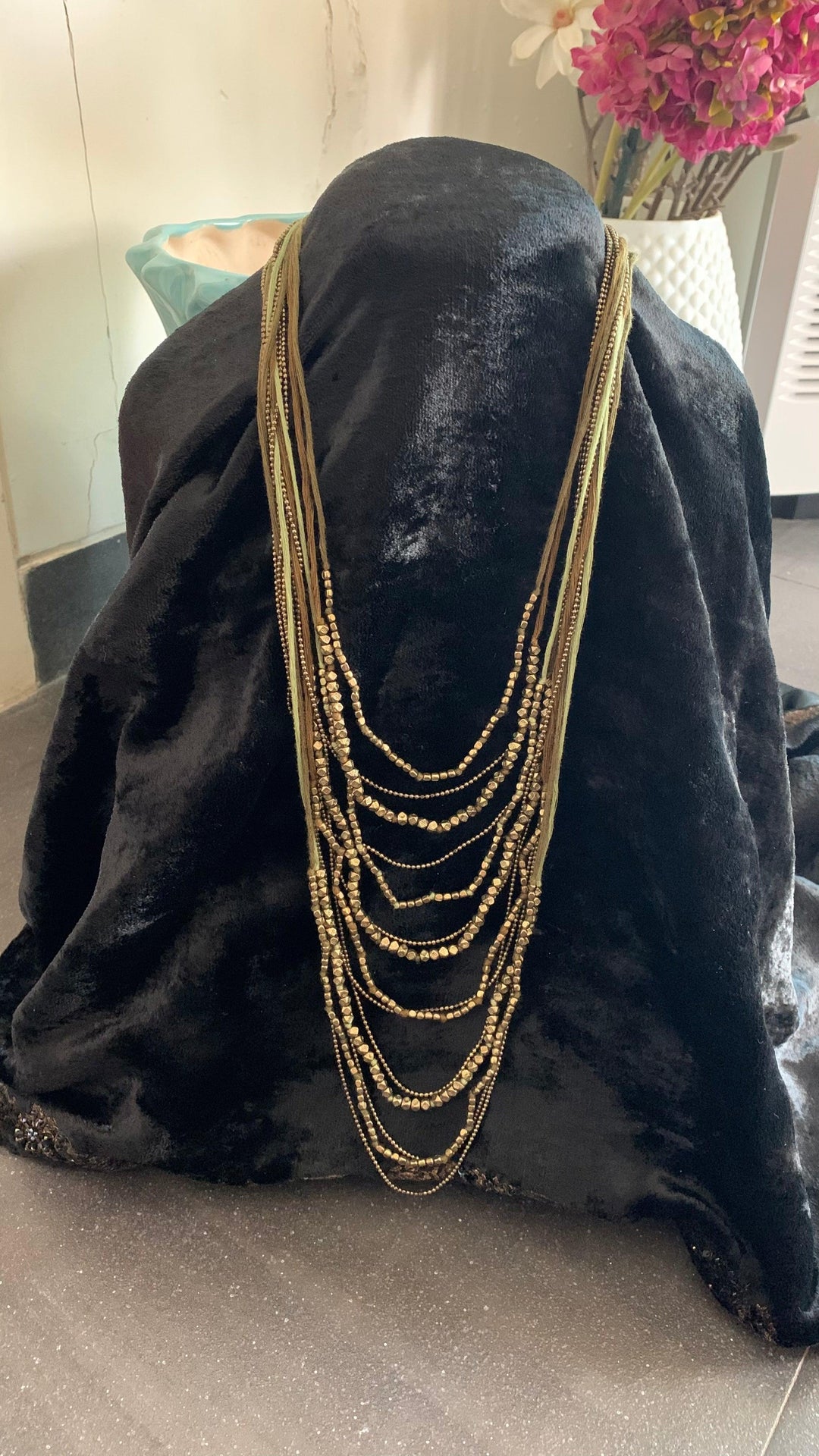 Olive Green and Antique Gold Beaded Long Necklace with Brass Studs - SHIVKA