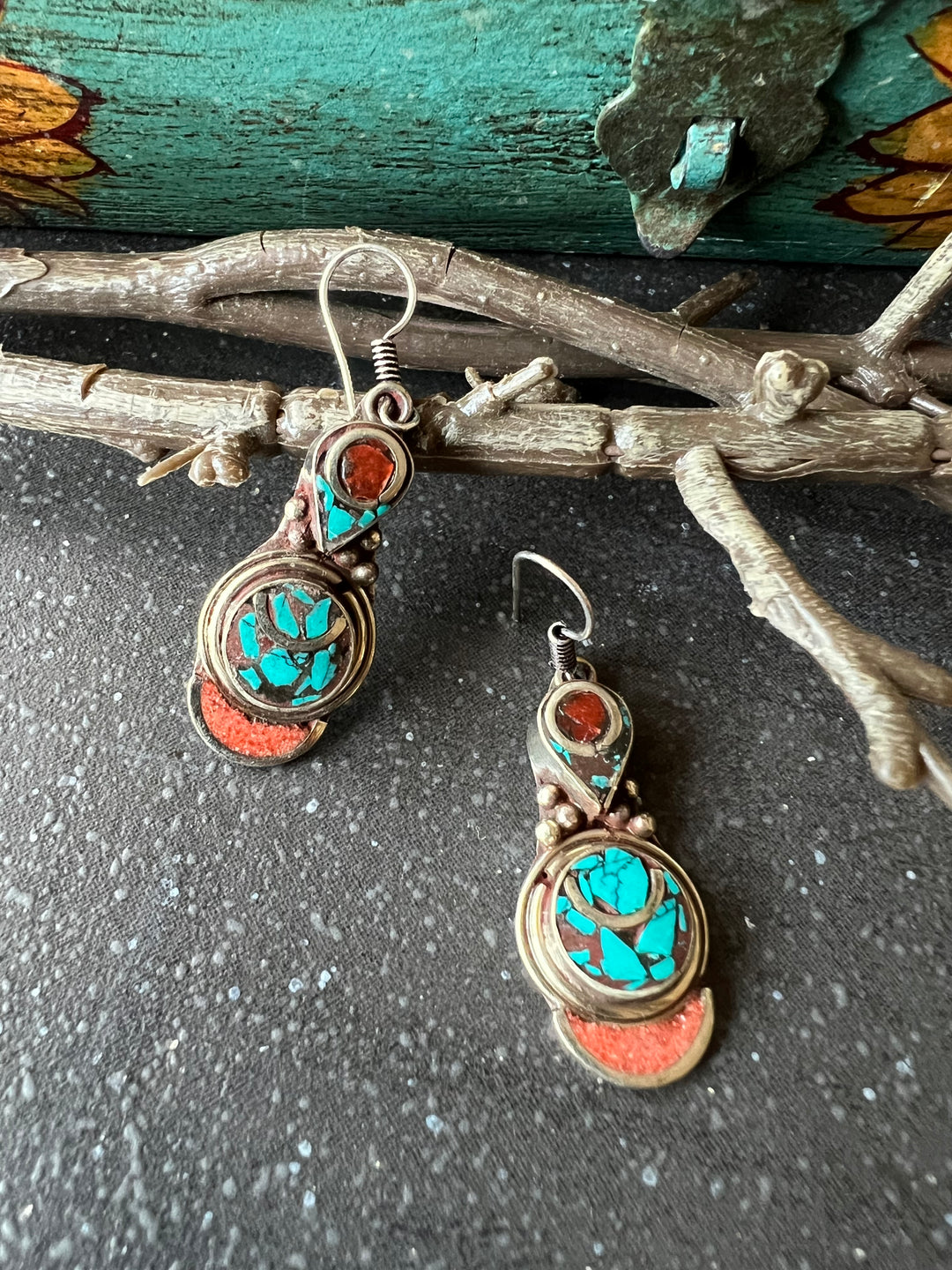 Antique Turquoise and Coral Danglers