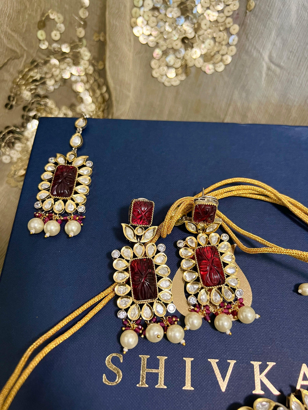 Gorgeous Carved Stone Kundan Choker with Earrings and Maangtikka - SHIVKA