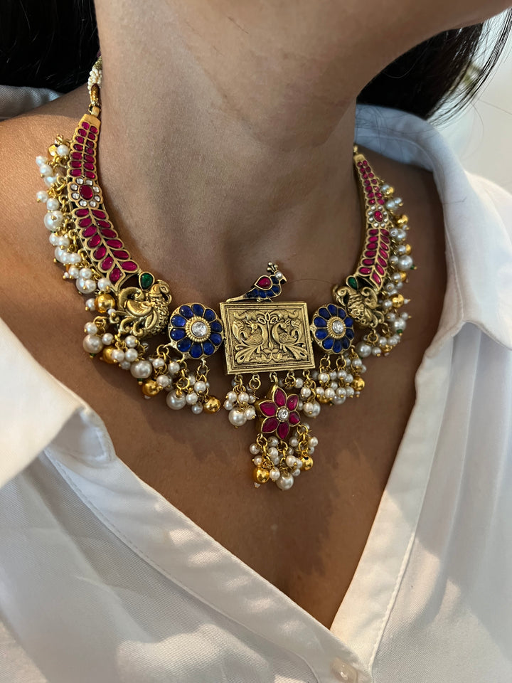 Designer Wedding Necklace with Kundan Earrings/ Antique Kempu Mayura Necklace