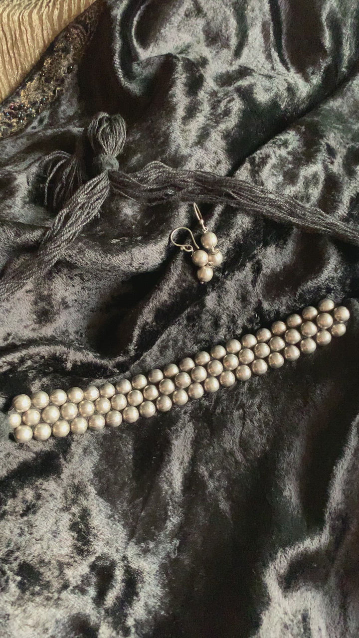 Classic Silver Beads Choker with Earrings