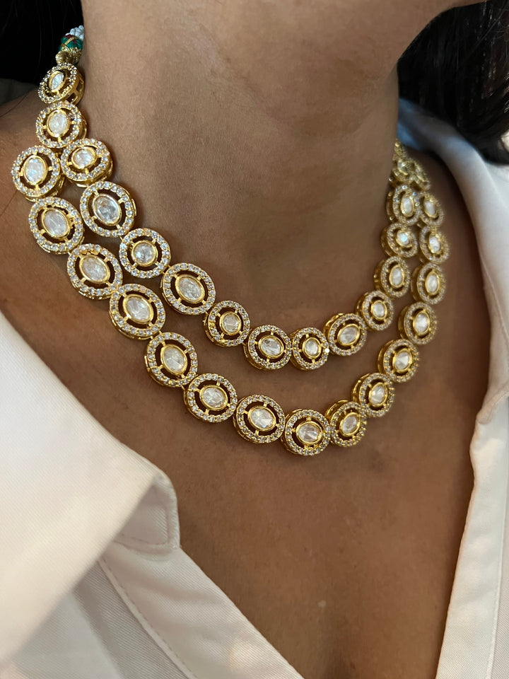 Statement CZ Polki Kundan Necklace with Earrings