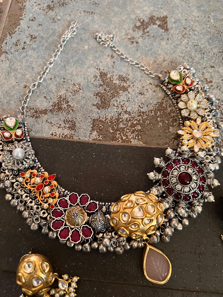 One of a Kind Designer Dual Tone Necklace with Kundan Earrings - SHIVKA