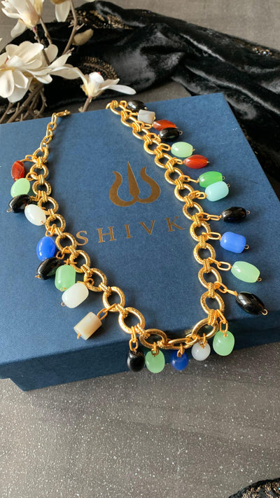 Statement Multi Gemstones Gold Chain Necklace - SHIVKA