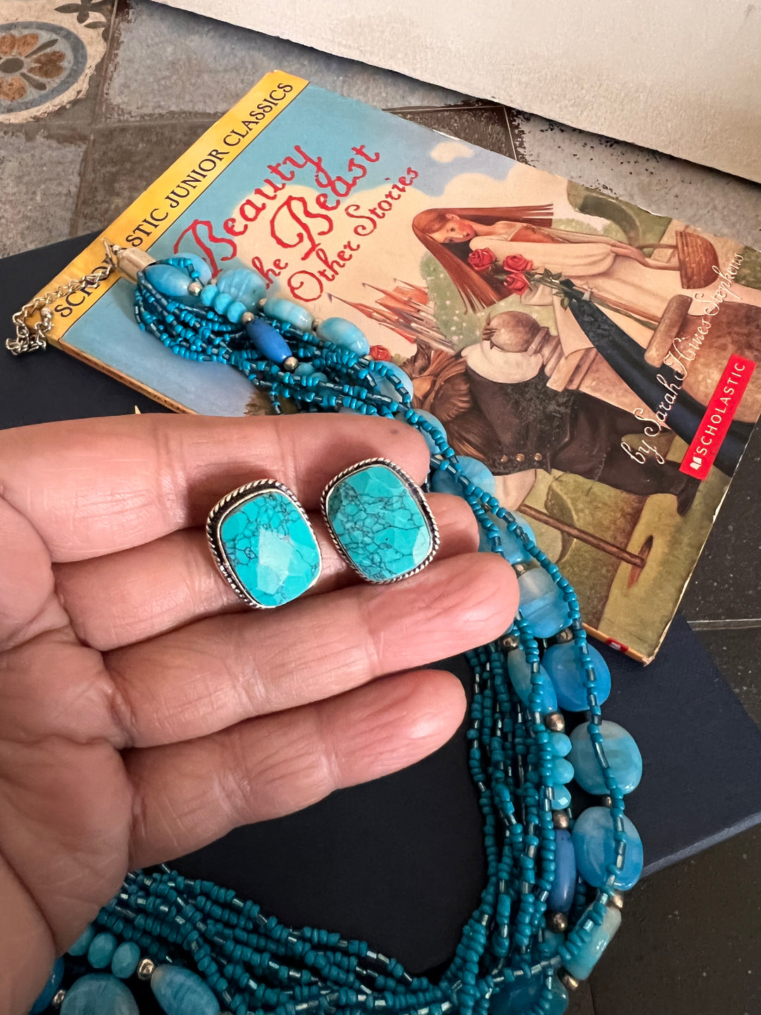 Blue Beaded Necklace with Turquoise Studs
