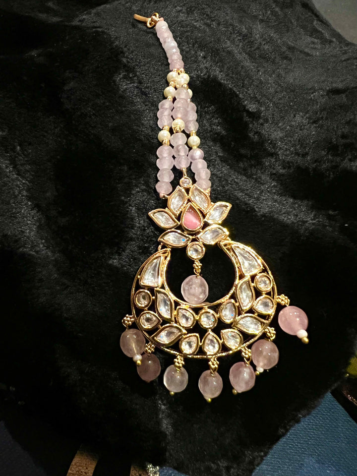 Gorgeous Pink Beads Kundan Maangtikka - SHIVKA
