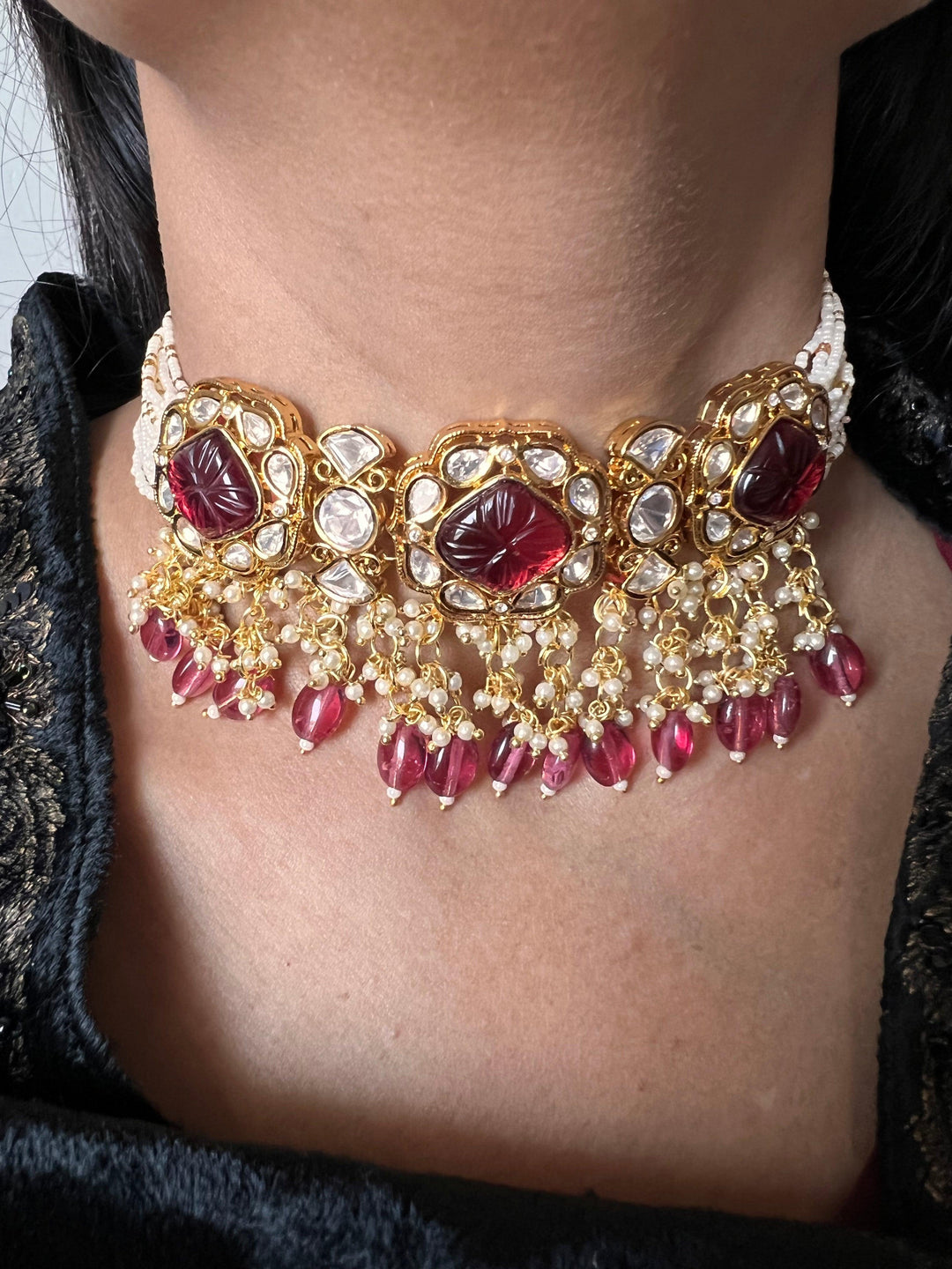 Gorgeous Carved Stone Kundan Choker with Earrings - SHIVKA