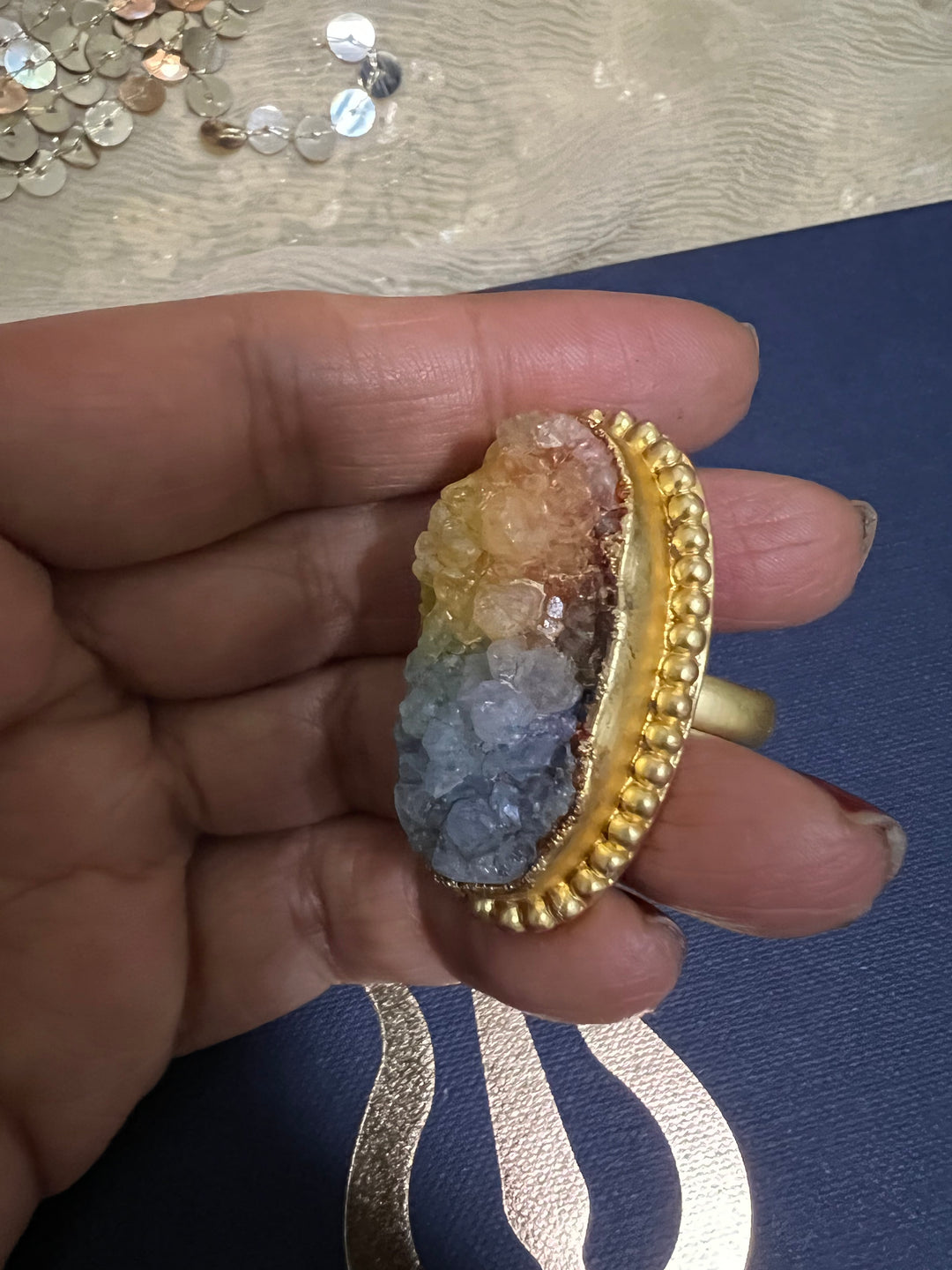 Natural Rainbow Druzy Stone Adjustable Gold-Plated Ring | Statement Ring by SHIVKA