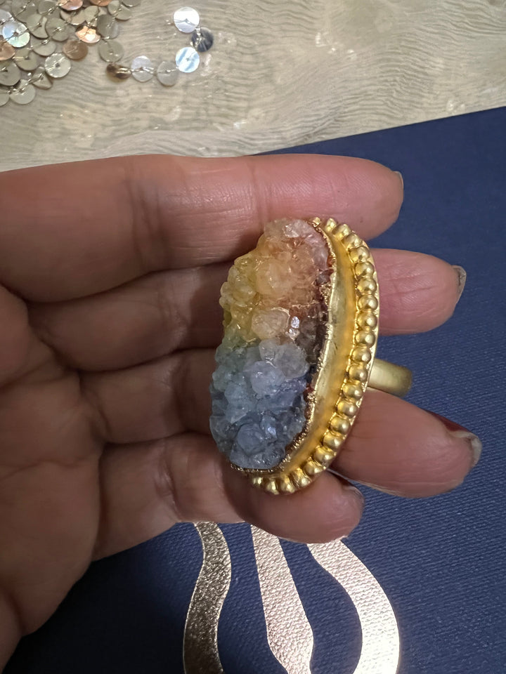 Natural Rainbow Druzy Stone Adjustable Gold-Plated Ring | Statement Ring by SHIVKA