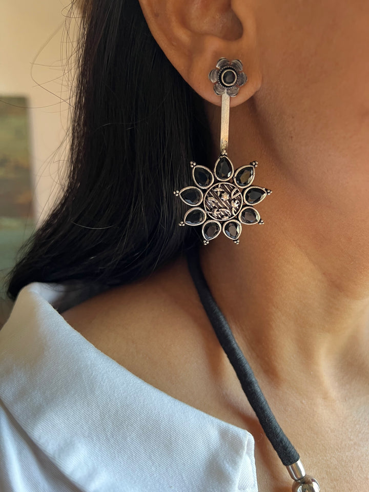 Black and Silver Beaded Necklace with Statement Earrings