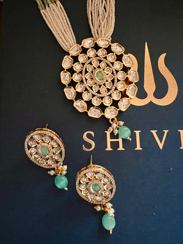 Beautiful Sea Green Kundan Pendant Necklace with Stud Earrings