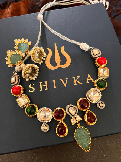 Scintillating Multicolored  Kundan Necklace with Statement Jhumka Earrings - SHIVKA