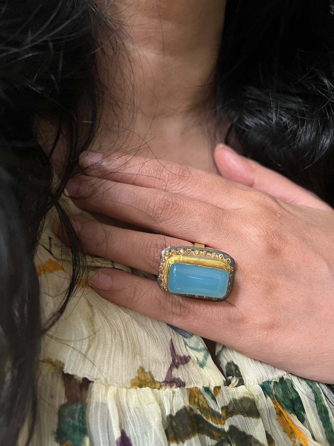 Natural Chalcedony Stone Adjustable Gold-Plated Ring | Statement Ring by SHIVKA