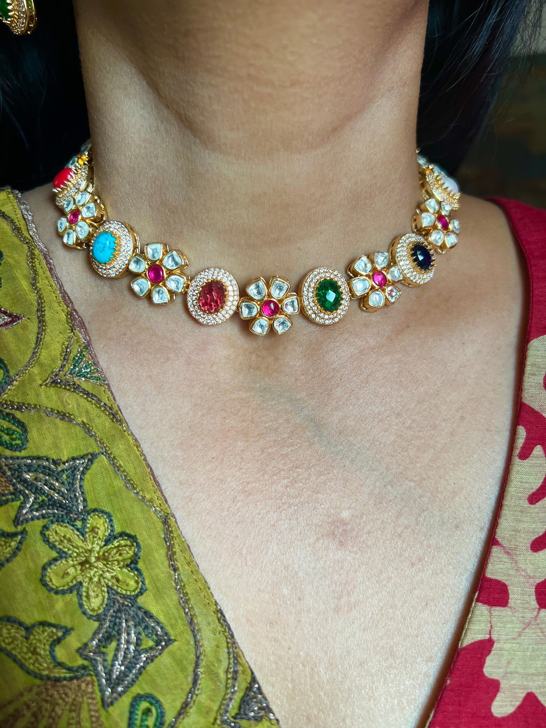 Beautiful Multi coloured Kundan Necklace with Earrings