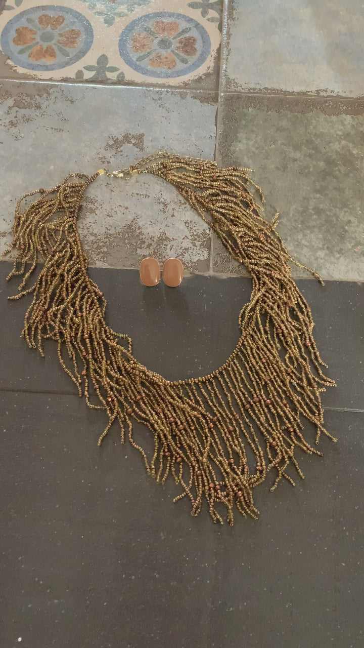 Boho Brown Beaded Necklace with Stone Studs