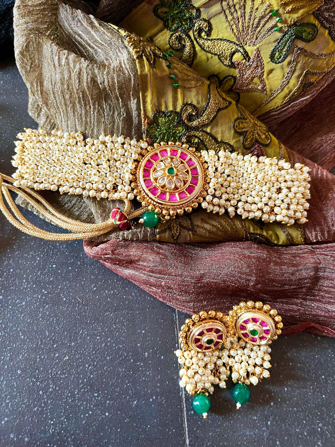 Statement Kundan and Pearl Choker with Earrings - SHIVKA