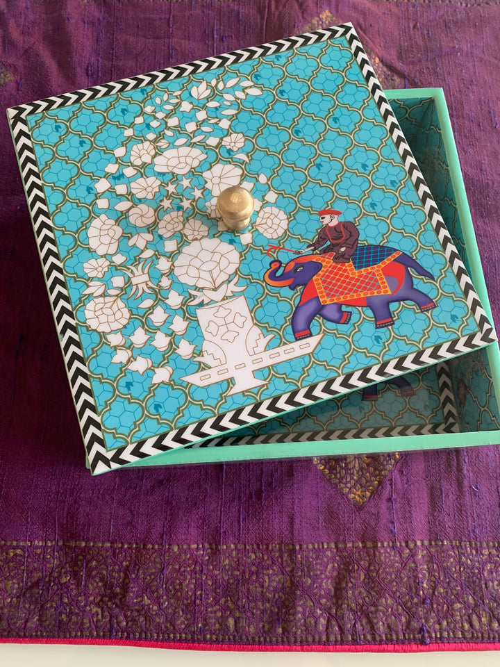Blue Elephant Design Enamelled Box with Lid