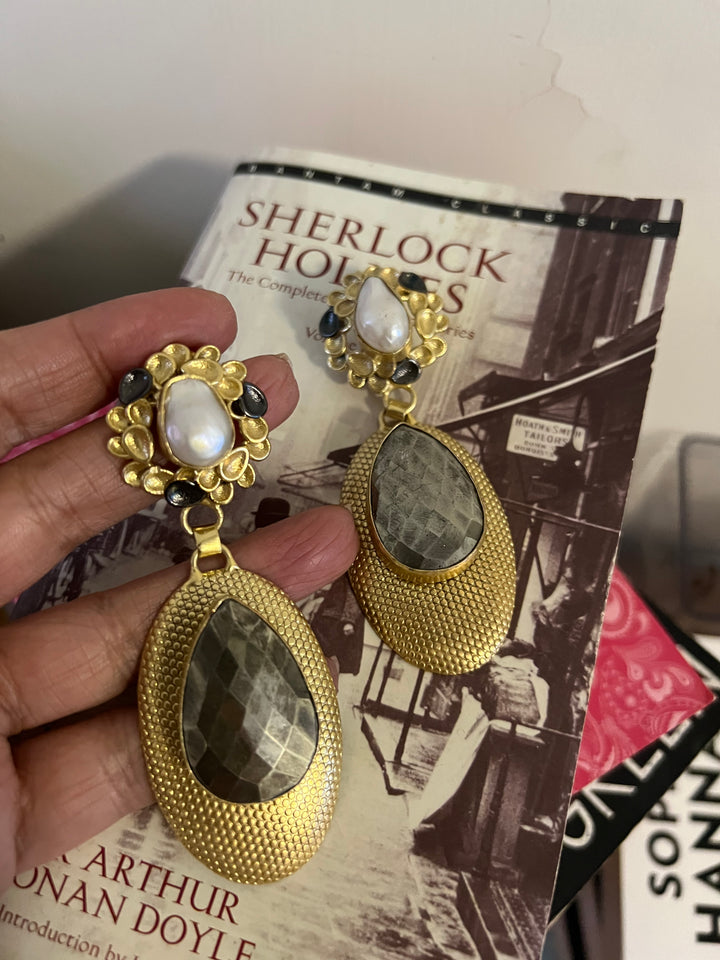 Baroque Pearl and Pyrite Designer Earrings