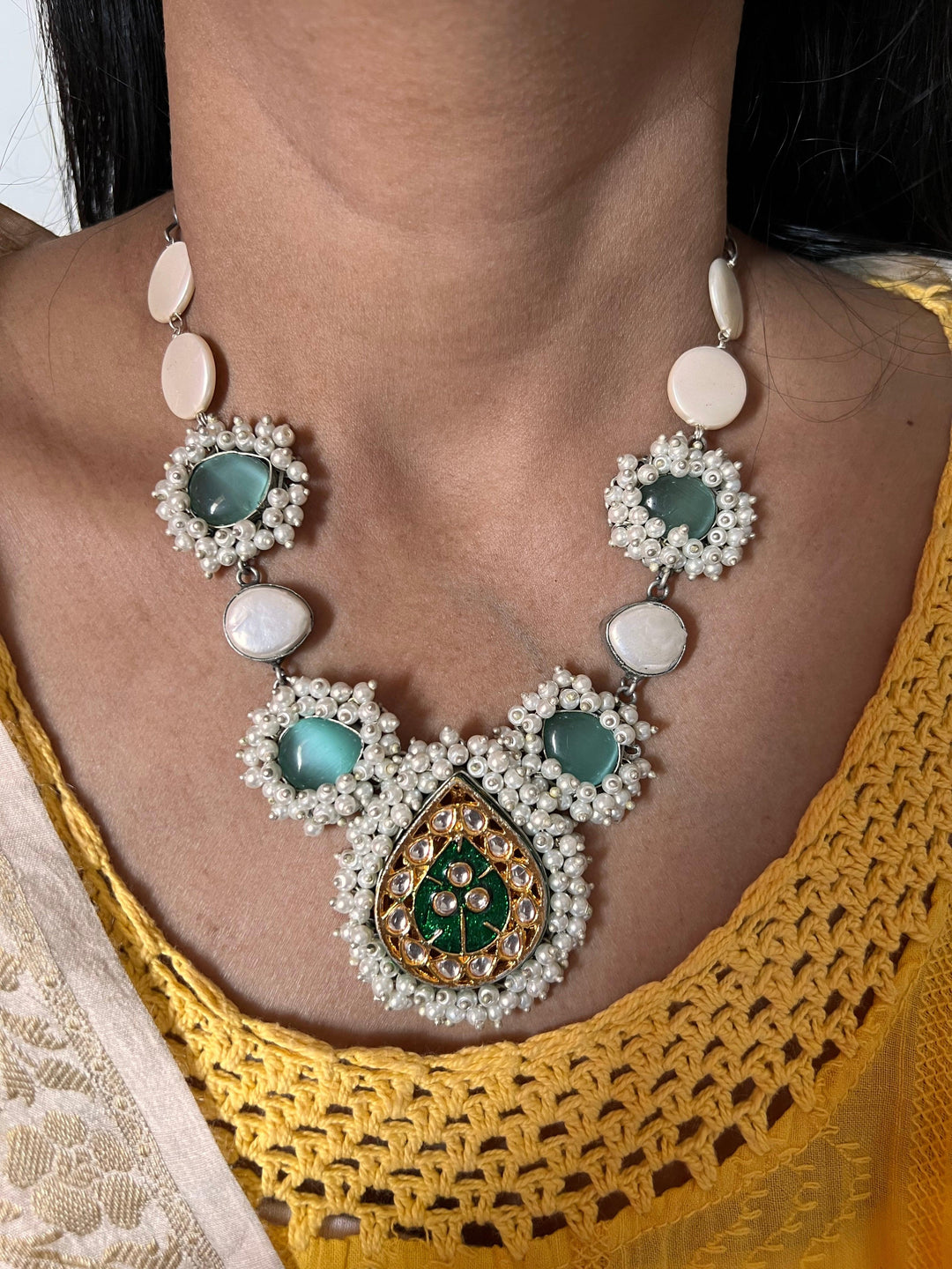Statement Sea Green and Pearl Short Necklace with Baroque Studs - SHIVKA
