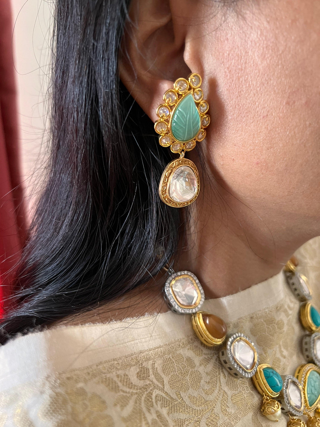 Scintillating Multicolored  Kundan Necklace with Statement Earrings - SHIVKA